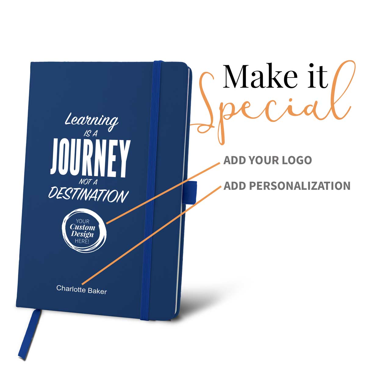 blue journal with learning is a journey message and add your logo