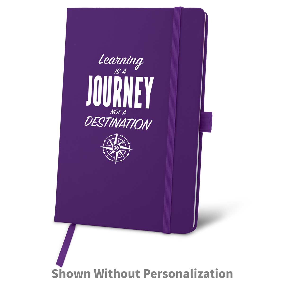 purple journal with learning is a journey message