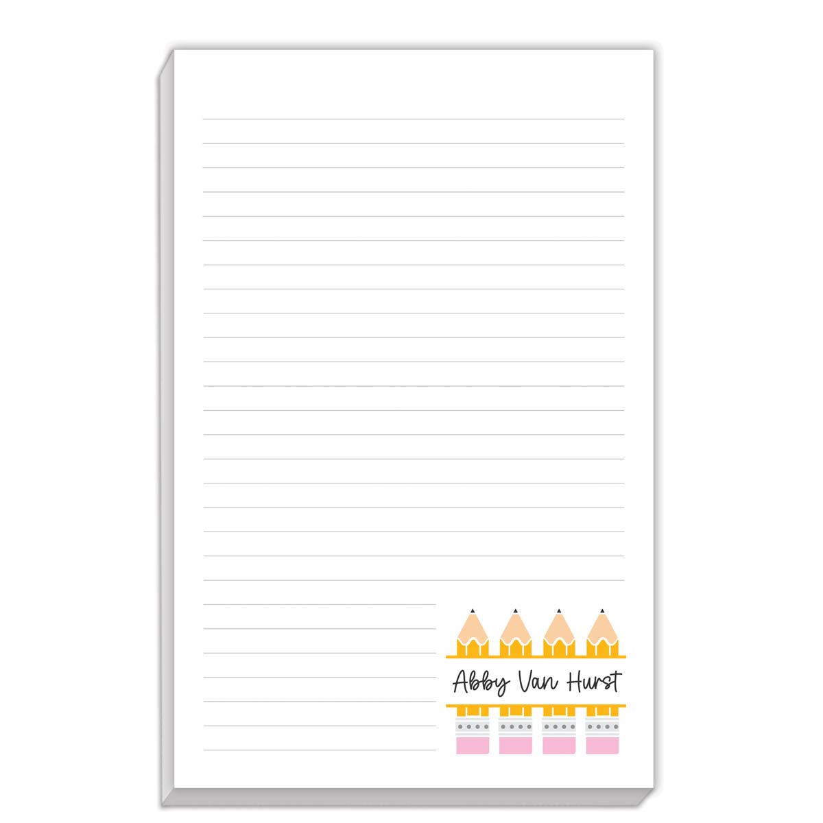 Large notepad featuring four pencils. Personalize with a name. 80 sheets of paper.