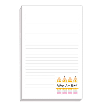 Large notepad featuring four pencils. Personalize with a name. 80 sheets of paper.