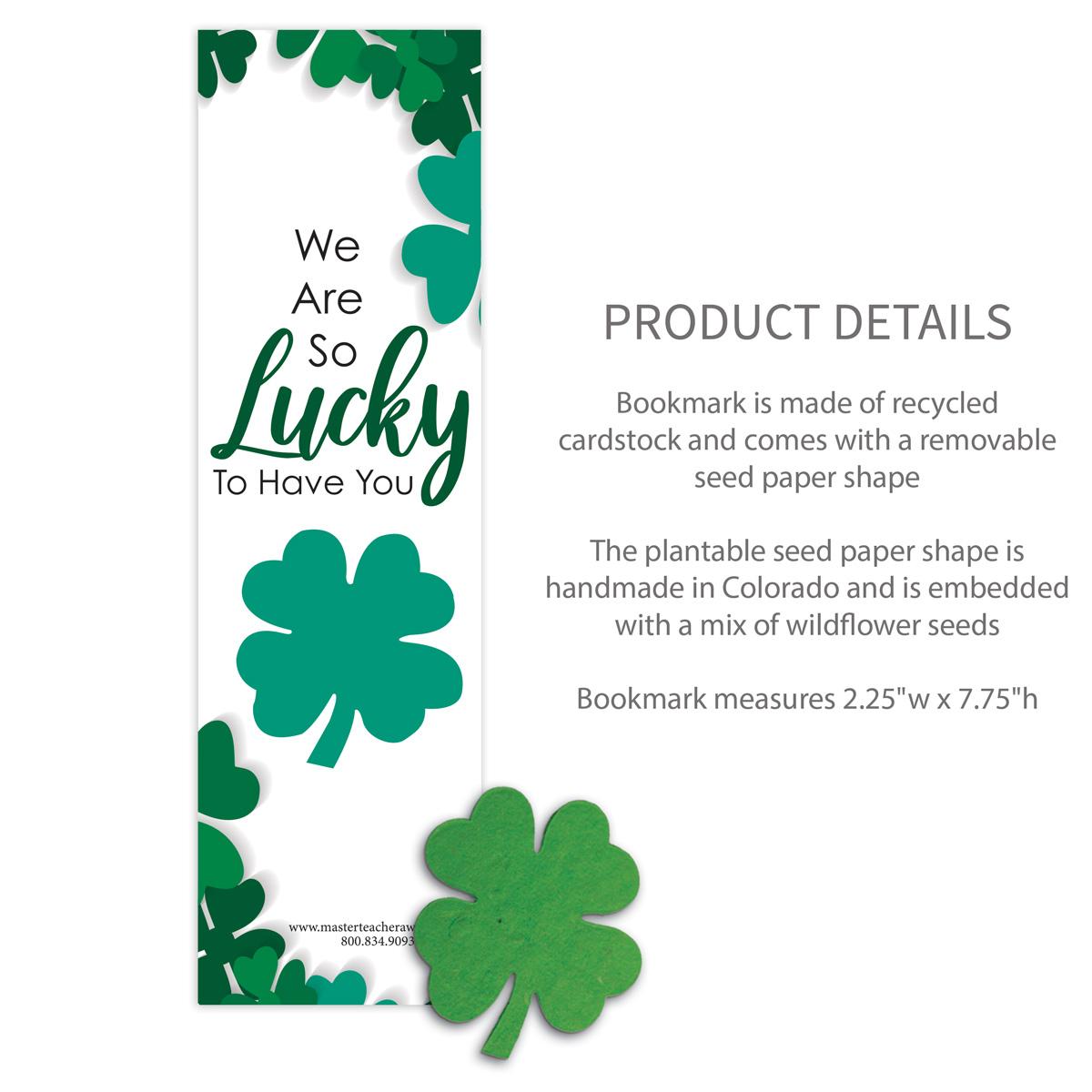 bookmark with we are so lucky message and product details