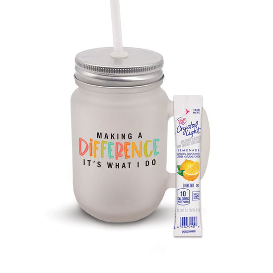 12 oz. Frosted Mason Jar with metal lid and white straw. Features the inspirational Making A Difference It’s What I Do message.
