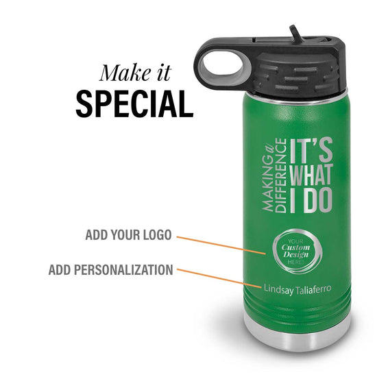 green making a difference 20 oz stainless steel water bottle with add your logo and personalization