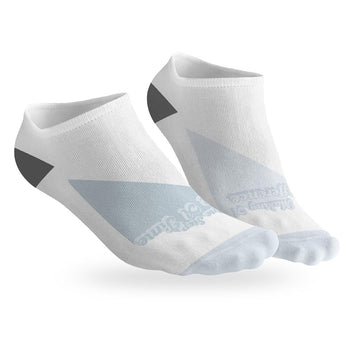 pair of no-show socks with a black heel and a colorful making a difference message on top.