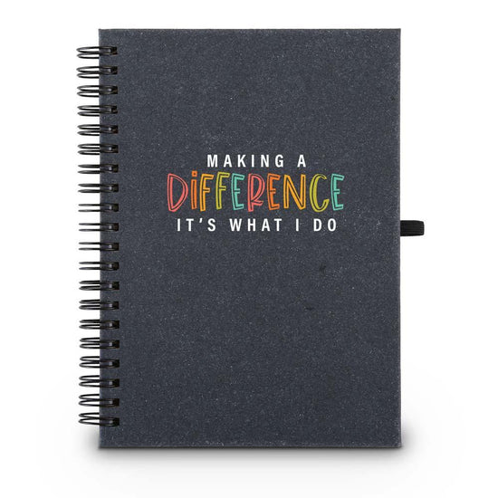 Hardbound spiral journal. Sticky notes, flags inside. Cover reads: Making A Difference It's What I Do