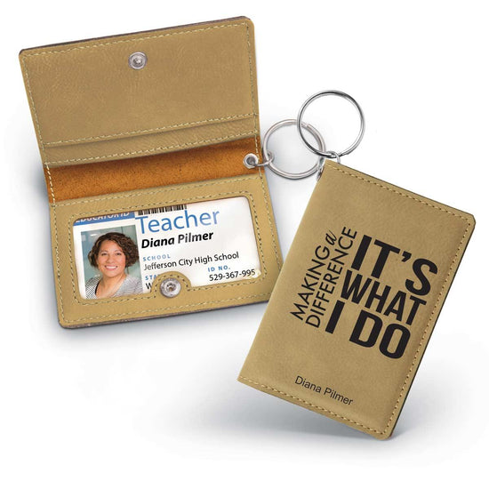 light brown leather id holder with making a difference message