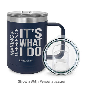 navy stainless steel mug with making a difference message and personalization