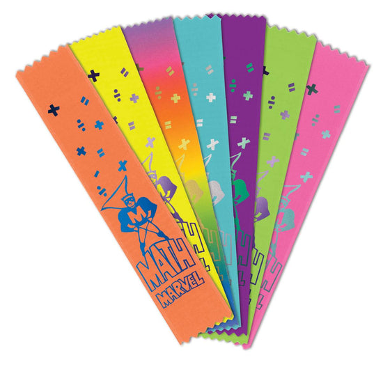 colorful satin ribbons with foil-stamped math marvel message