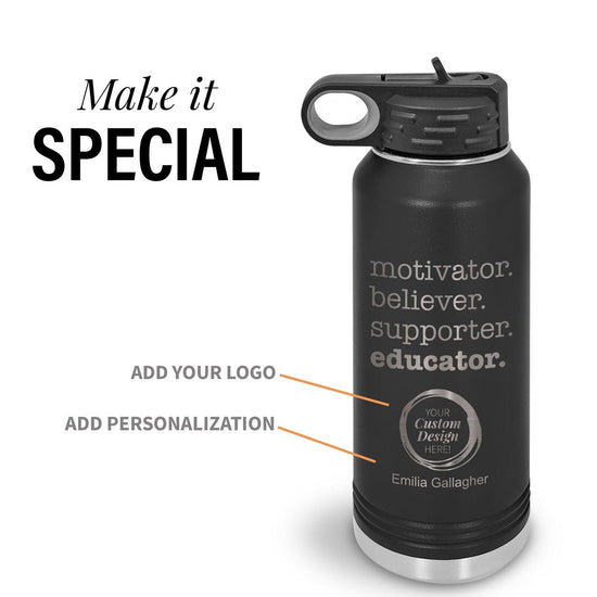 black motivator 32 oz stainless steel water bottle with add your logo and personalization