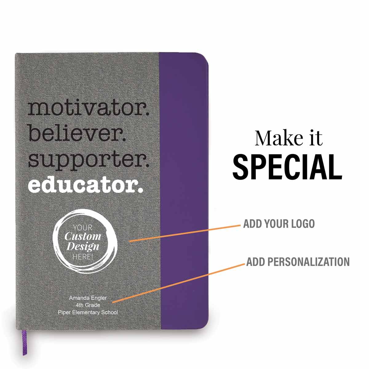 motivator believer supporter educator heather gray journal with personalization and add your logo