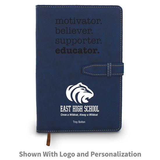 blue motivator believer supporter educator hardbound journal with custom logo and personalization