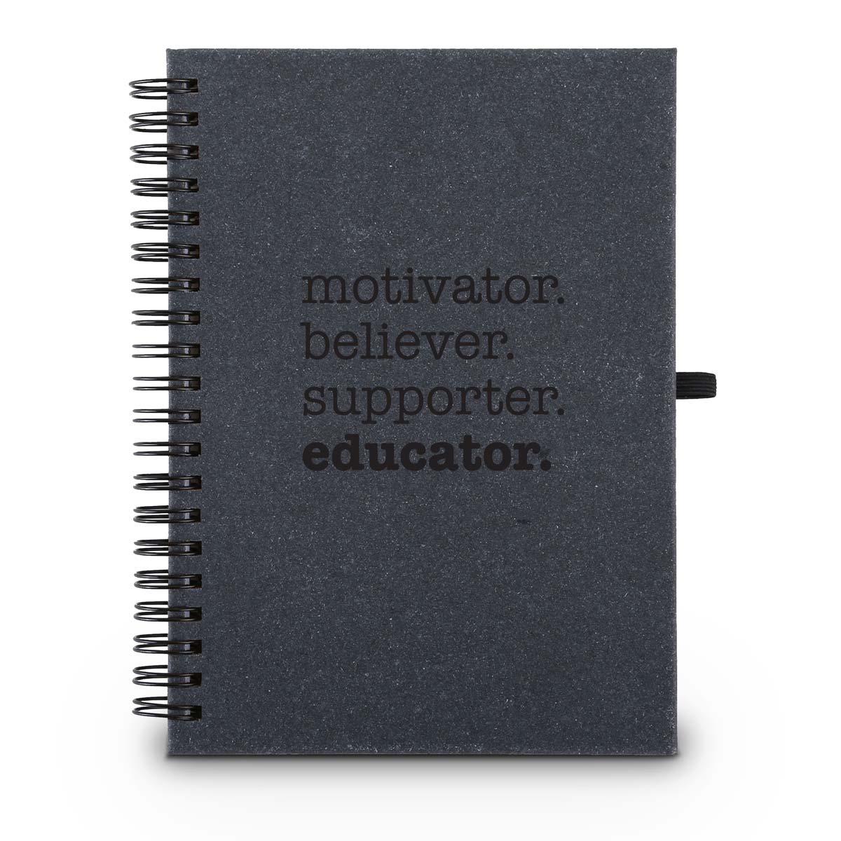 Hardbound spiral journal. Sticky notes, flags inside. Cover reads: Motivator. Believer. Supporter. Educator.