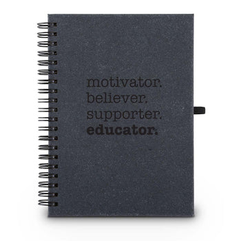 Hardbound spiral journal. Sticky notes, flags inside. Cover reads: Motivator. Believer. Supporter. Educator.