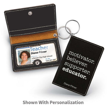 black leather id holder with motivator message and personalization