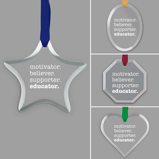 different shapes of crystal ornament with motivator believer supporter educator message and satin ribbon