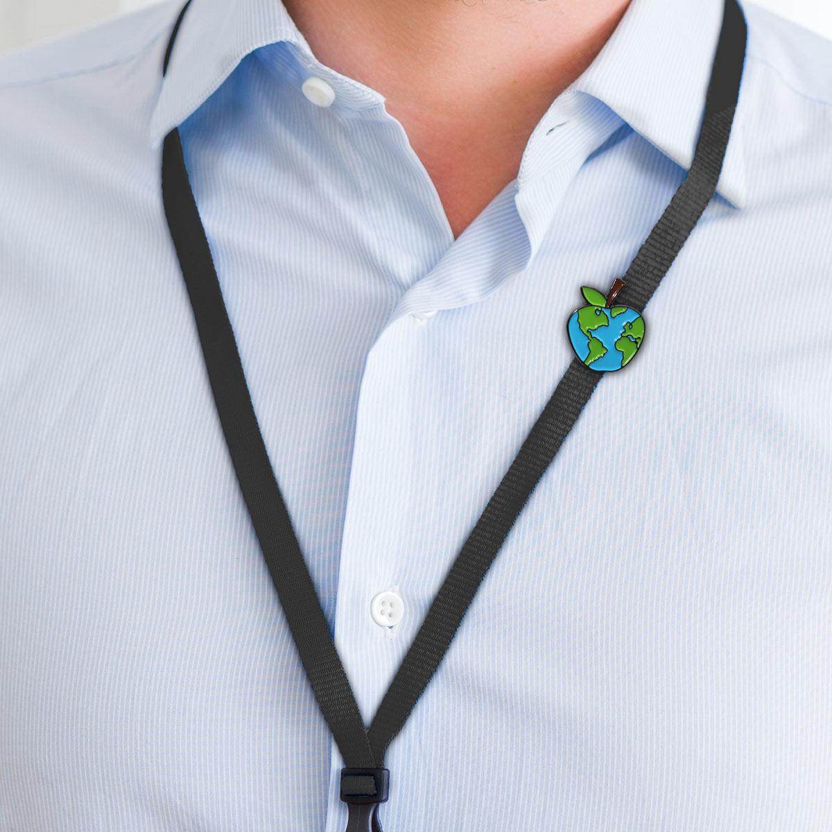 apple world lapel pin with black lanyard
