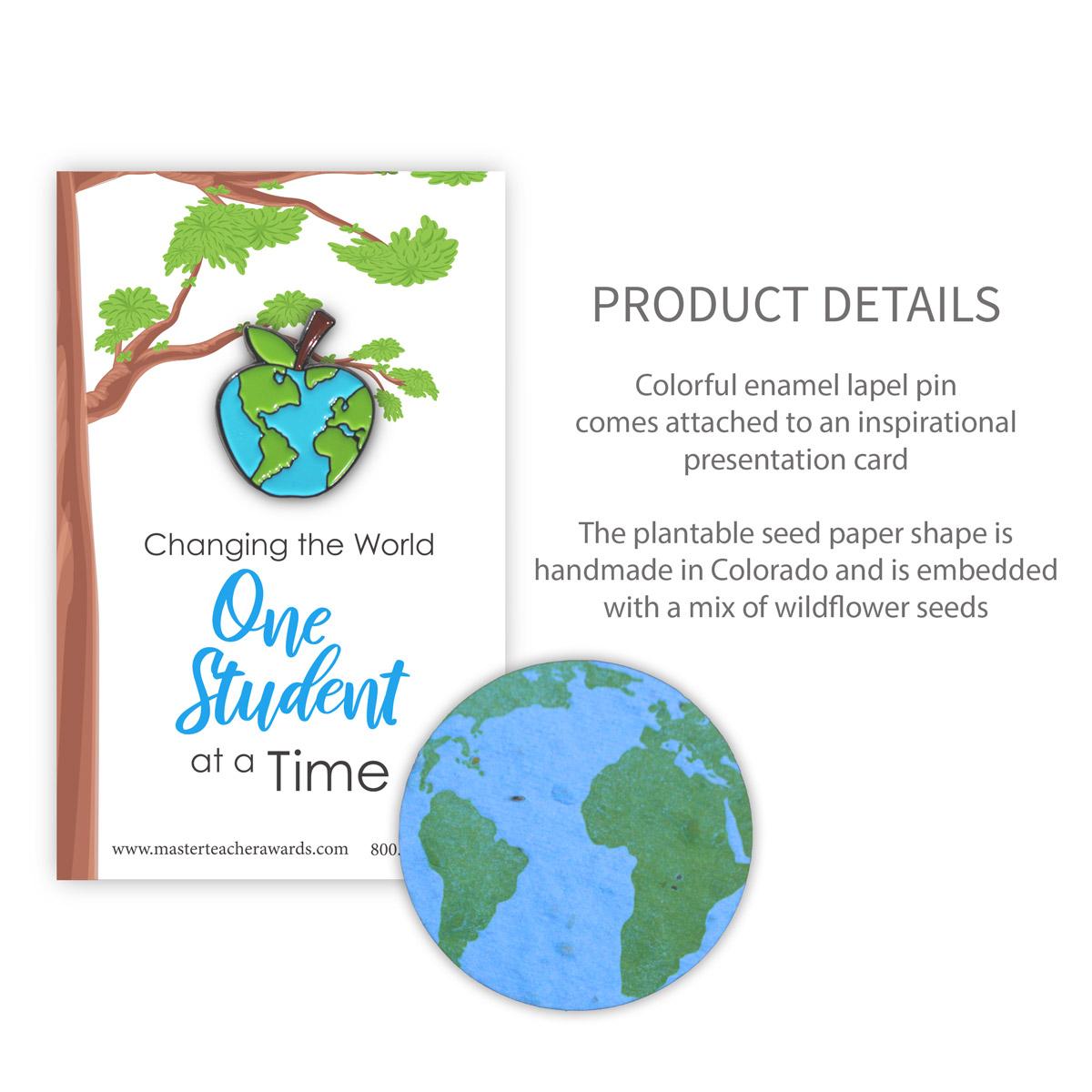 One Student at a Time lapel pin and world shape seed paper with product details