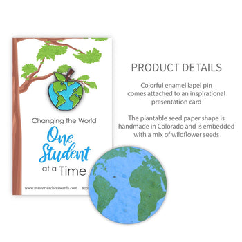 One Student at a Time lapel pin and world shape seed paper with product details
