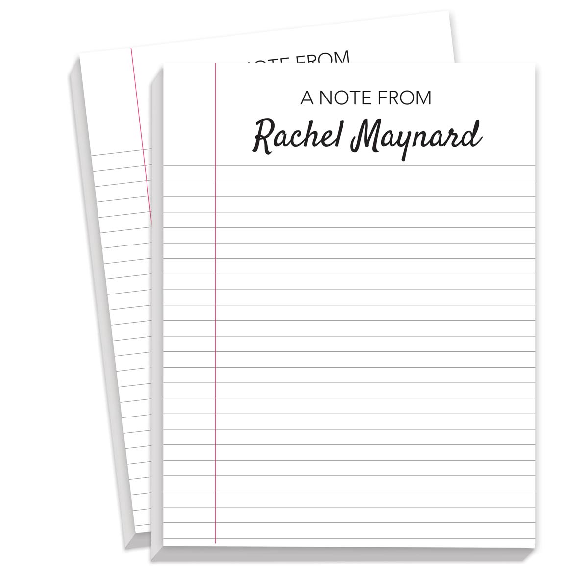 Two notepads featuring a sheet-of-notebook-paper design on the front. 75 sheets each. Personalize with a name