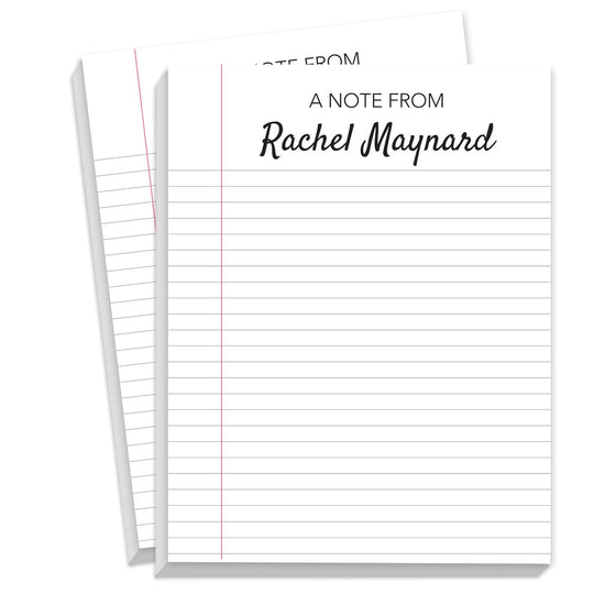 Two notepads featuring a sheet-of-notebook-paper design on the front. 75 sheets each. Personalize with a name