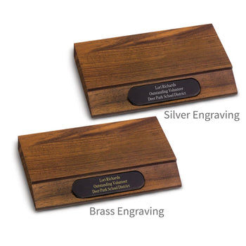 two solid walnut rectangle bases with black plates and personalization