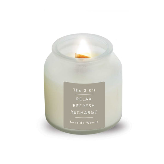 8 oz. Soy Wax Candle With Wooden Wick featuring the 3R’s relax, refresh, recharge message. Refreshing Seaside Woods scent.