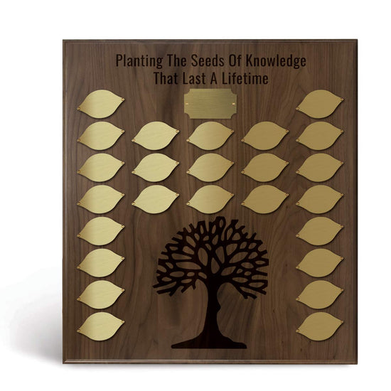 20x22 Seeds Of Knowledge Perpetual Plaque featuring 25 brass leaf-shaped plates for personalization and 1 brass title plate.