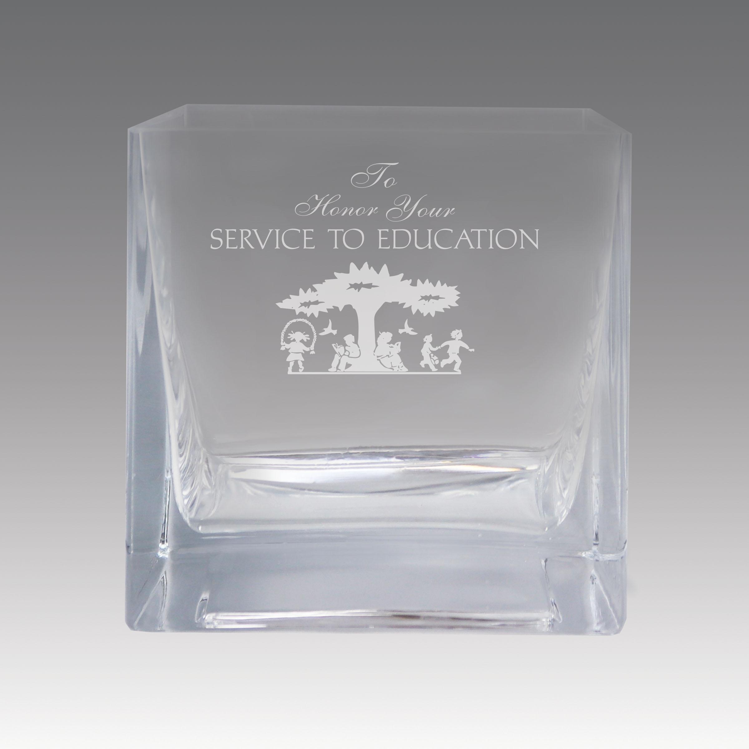square crystal recognition bowl with service to education message