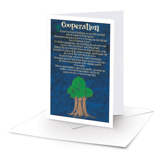 note card with a message of cooperation and envelope