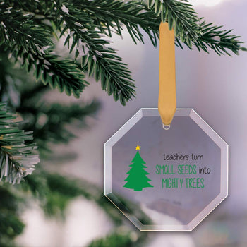 octagon shaped crystal ornament with teacher's tree of life message and gold satin ribbon