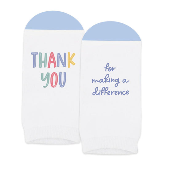 pair of no-show white socks with thank you message