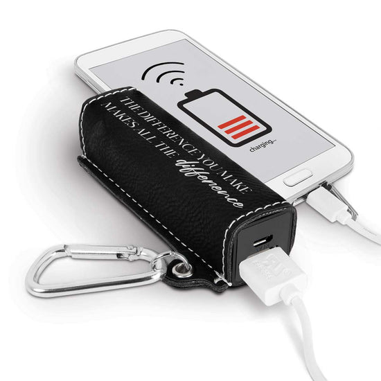 2200mAh Power Bank featuring The Difference You Make Makes All The Difference laser-engraved into the top.