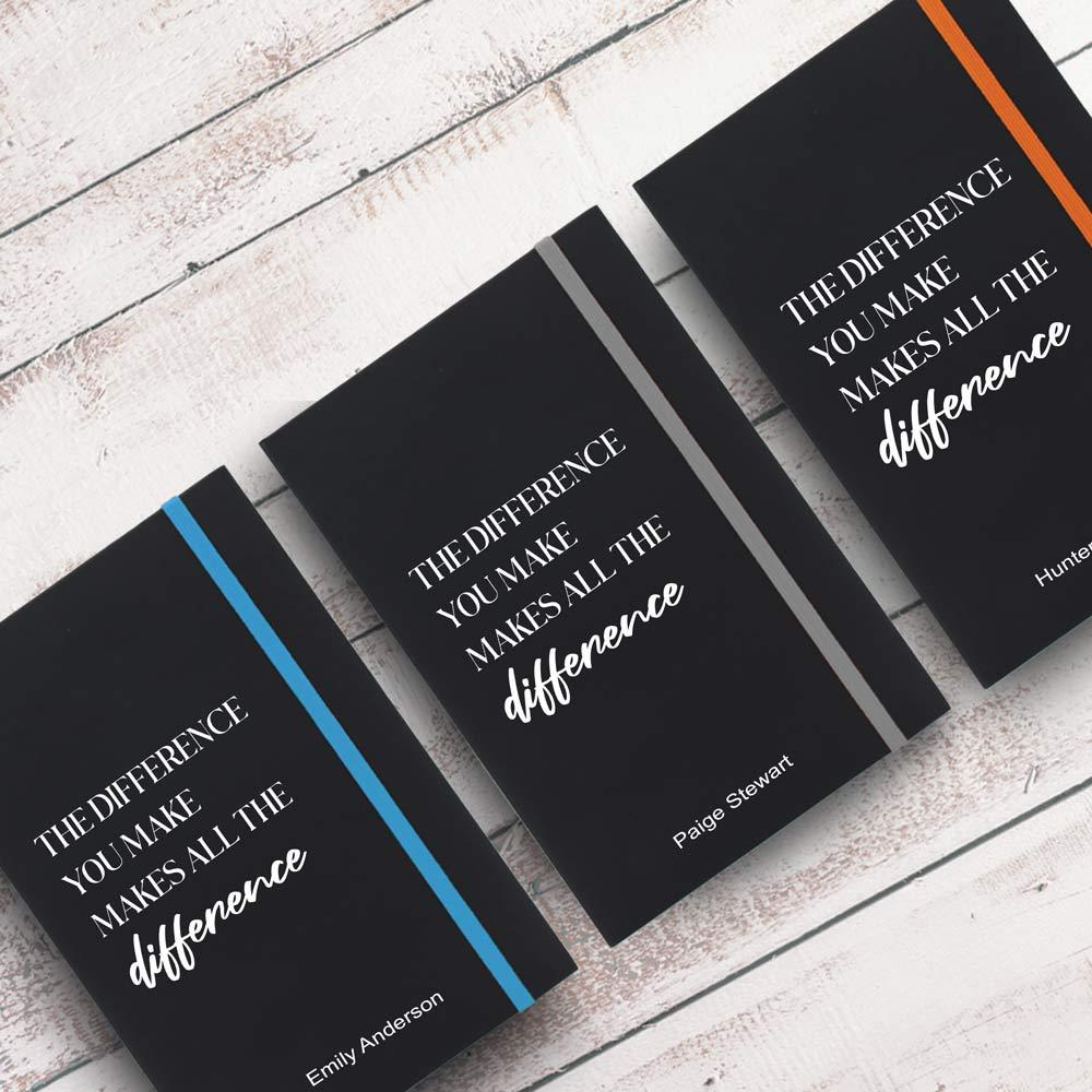 the difference you make black journals with multiple accent colors and personalization