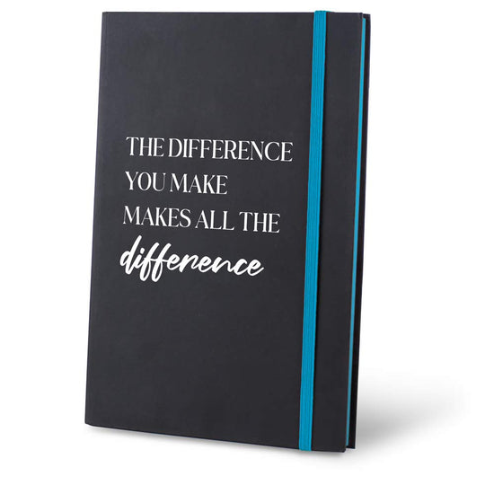 Matte Black Hardbound Journal with colorful elastic band featuring message: The Difference You Make Makes All The Difference.
