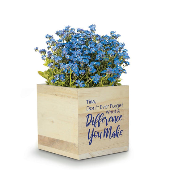This Natural Pine Wood Plant Kit With Forgot-Me-Not Flower Seeds Features The Inspirational Message “Don’t Ever Forget What A Difference You Make”