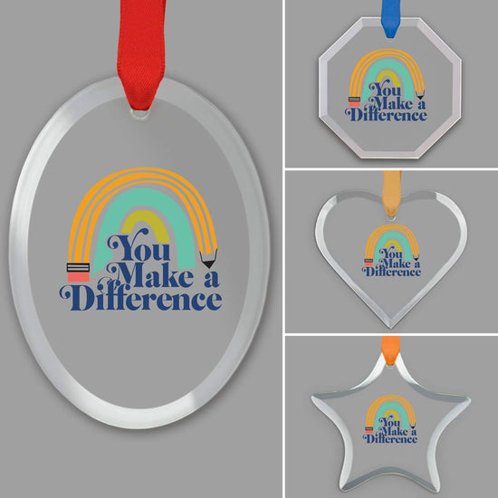 different shapes of crystal ornament with make a difference message and satin ribbon