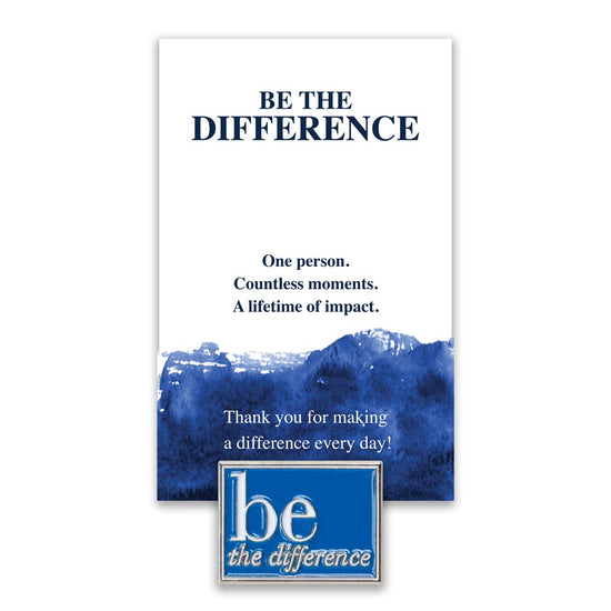 be the difference lapel pin with blue background and message card