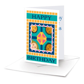 happy birthday note card with 4 kids and an envelope