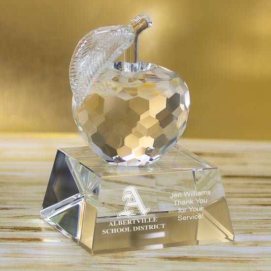 faceted crystal apple on crystal base with personalization