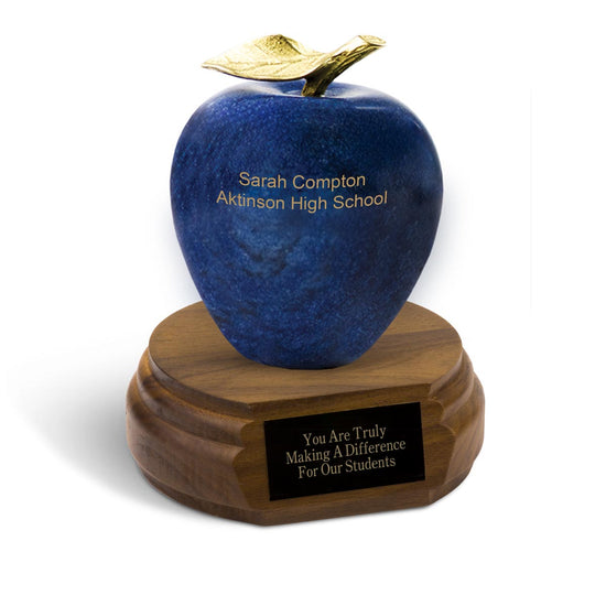 Cobalt blue marble apple with walnut base