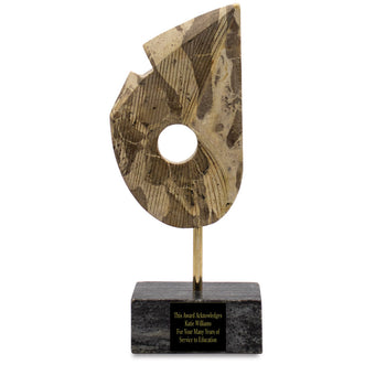 Modern recognition or retirement gift: 16-inch beige marble Summit of Distinction award with gold rod and black marble base. 