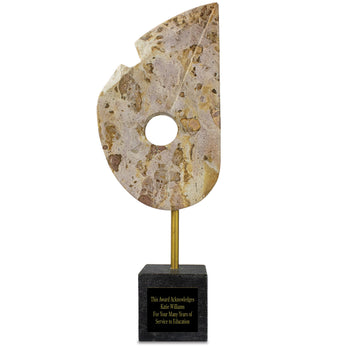 Modern recognition or retirement gift: 16-inch beige marble Summit of Distinction award with gold rod and black marble base. 