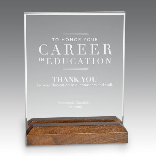 Rectangle acrylic award with walnut base, featuring educational recognition messaging and customizable logo and personalization. 
