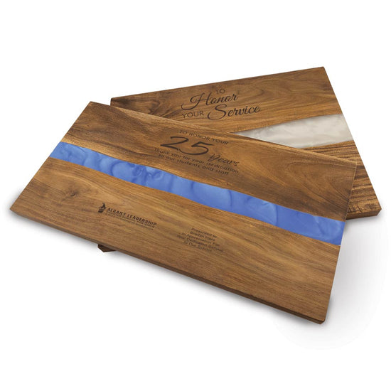 15.75x11.75 acacia wood serving board with blue or white epoxy resin. Add custom laser-engraved logo. 
