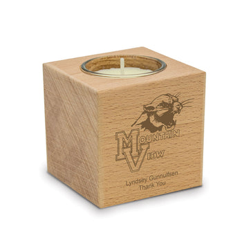 solid beechwood candle holder with unscented soy wax votive candle in a glass holder with custom logo