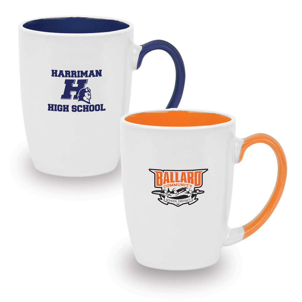 2 ceramic mugs with colorful handles featuring full-color logo