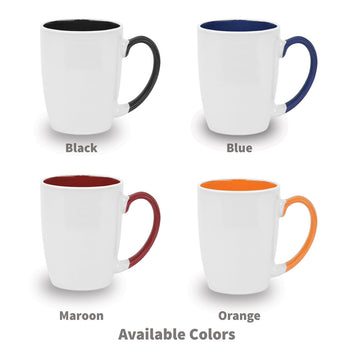 4 white ceramic mugs with black, blue, maroon and orange handles