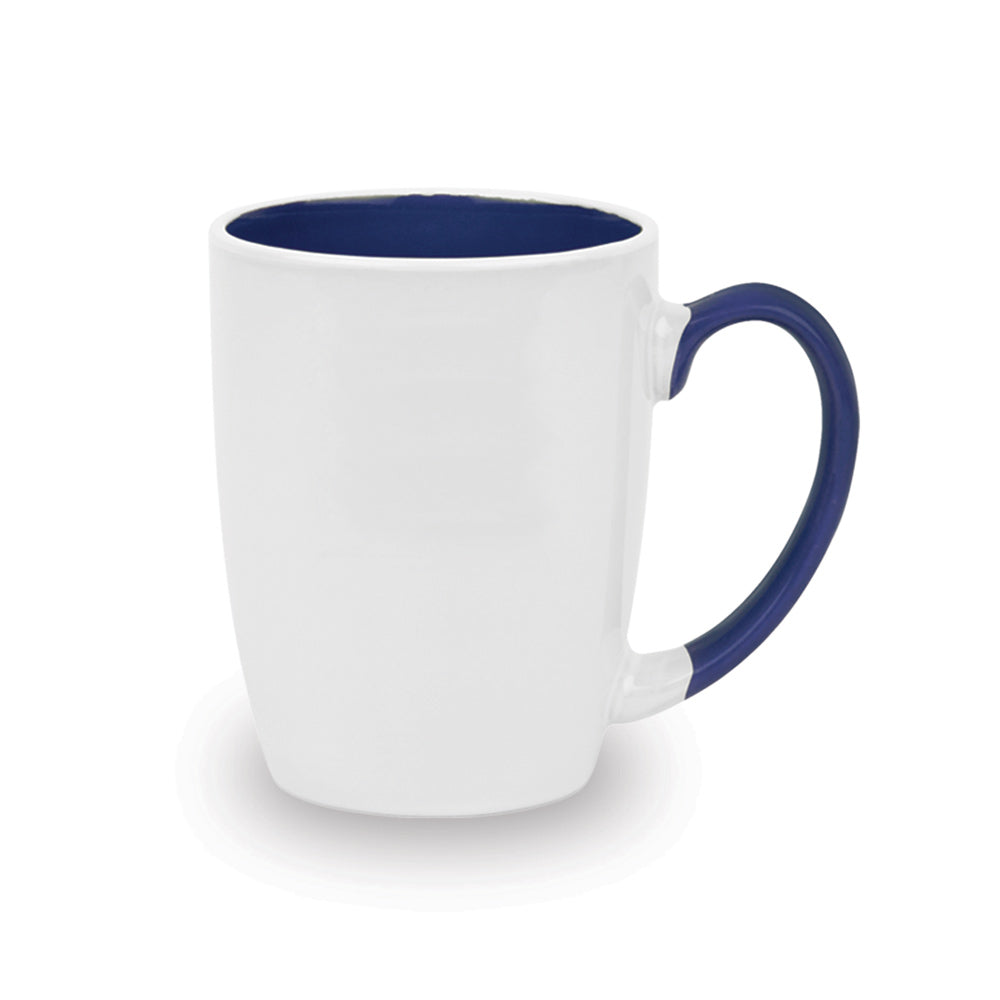 white ceramic mug with blue handle