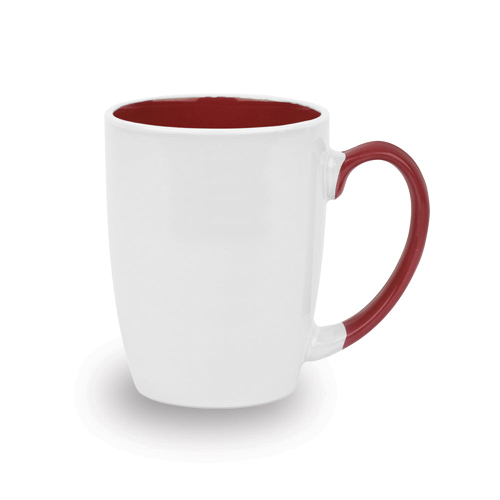 white ceramic mug with maroon handle