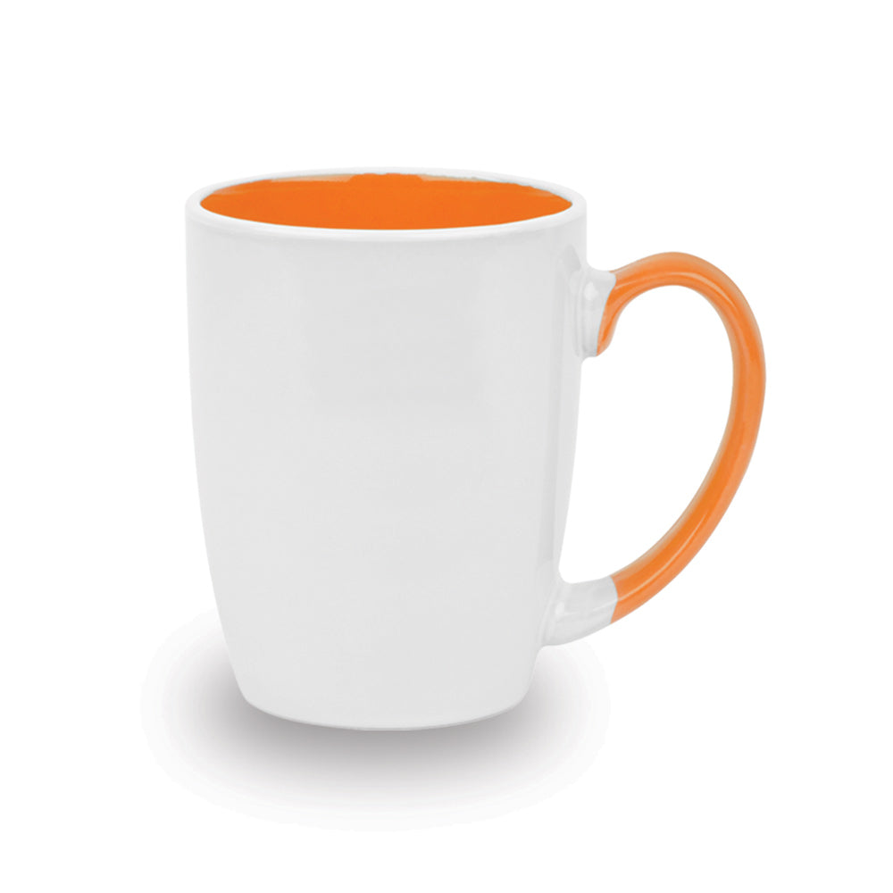 white ceramic mug with orange handle